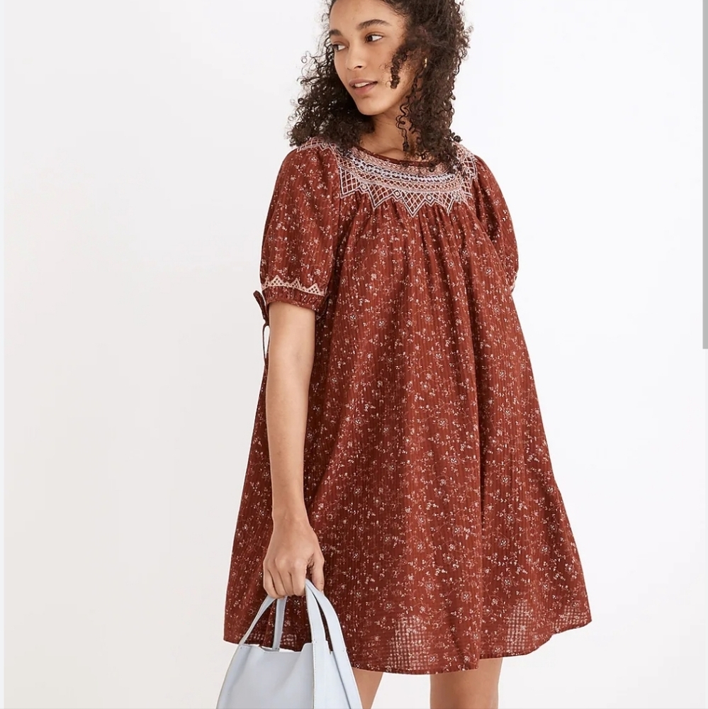 Madewell Embroidered Puff Sleeve Baby Doll Dress in Dotted Vines SZ Small